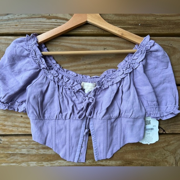 Altar’d State small lily linen fabric ruffle trim puff sleeves corset top - Picture 7 of 10